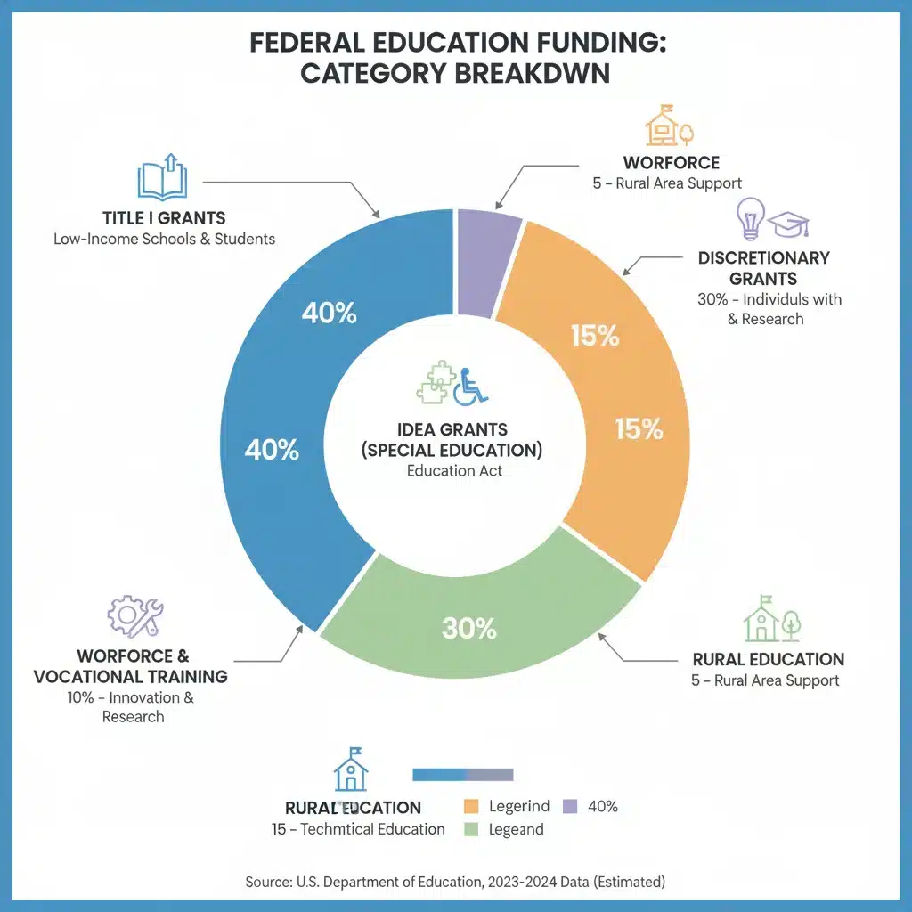 Infographic showing the allocation of federal education funding across various K-12 programs.