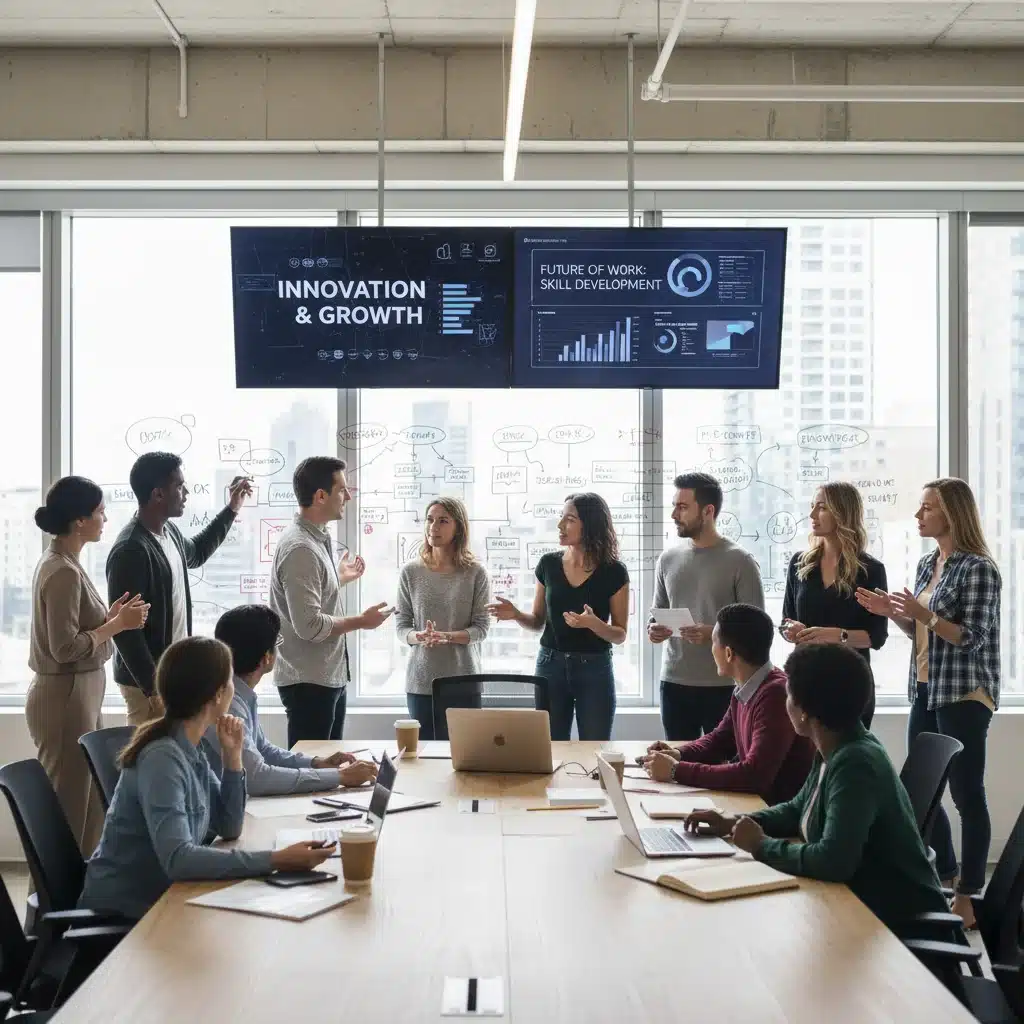Professionals collaborating on innovative projects in a modern office