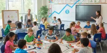 Students and teachers collaborating in a modern K-12 classroom, symbolizing federal education support.