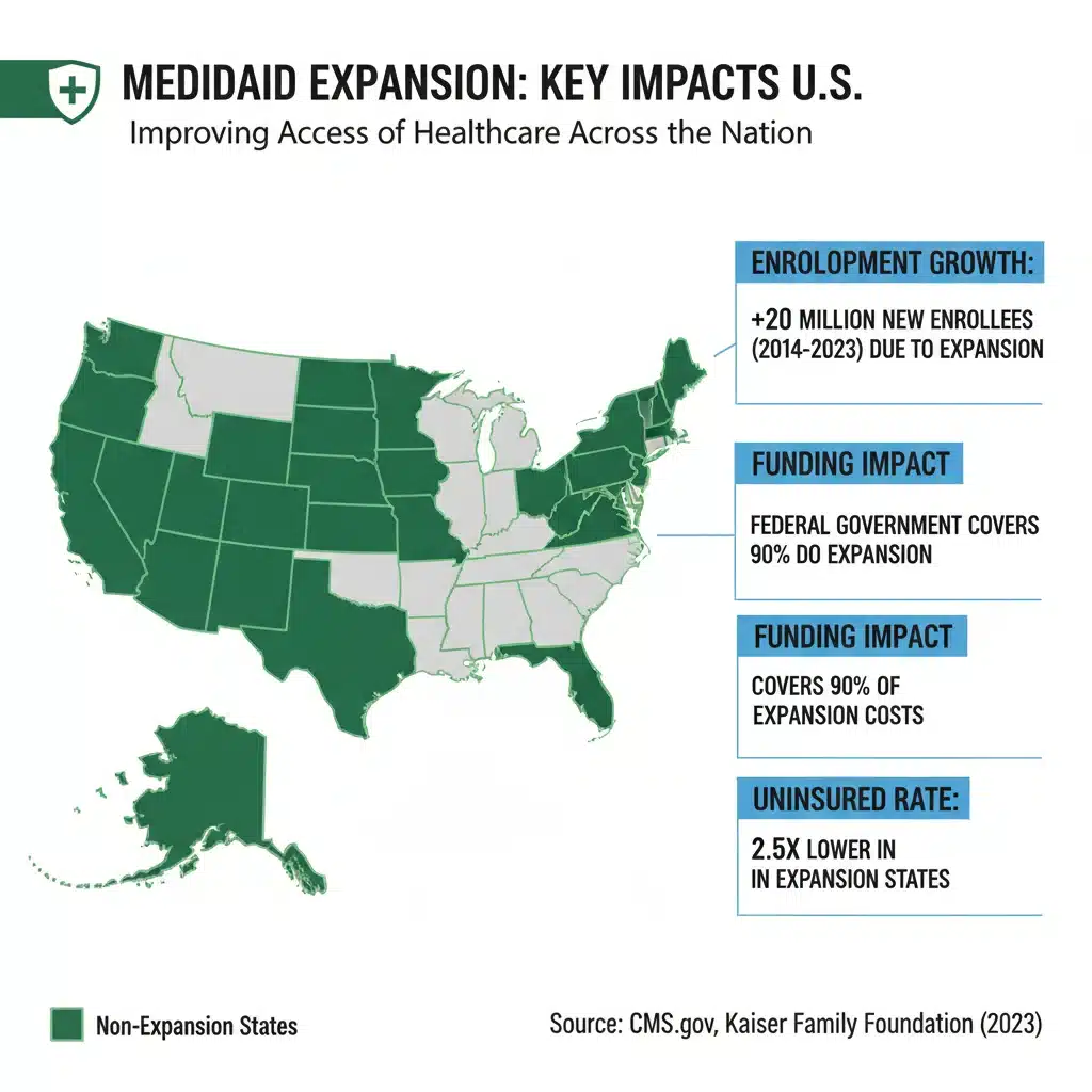 Infographic showing US map with Medicaid expansion states highlighted