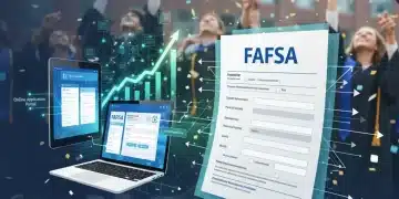 Stylized FAFSA form with digital overlay and celebrating graduates, representing the New FAFSA 2026-2027 changes and student aid.