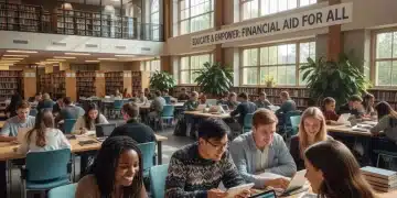 Diverse college students studying in a modern library, representing higher education access and financial aid opportunities.