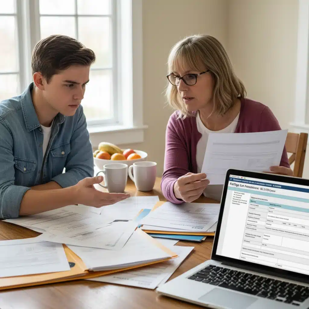 Student and parent discussing college financial aid and planning at a kitchen table.