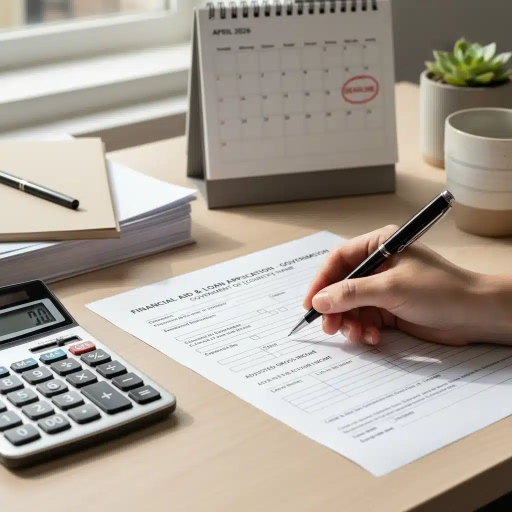 Person applying for student loan forgiveness with forms and calendar