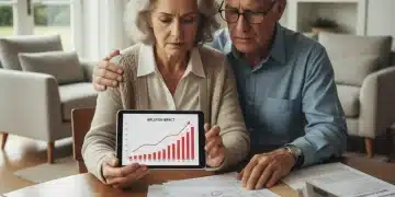 Couple analyzing financial data, concerned about inflation's impact on retirement savings for 2026.
