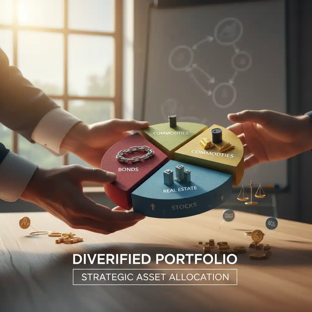 Diversified investment portfolio balancing various asset classes to combat inflation.