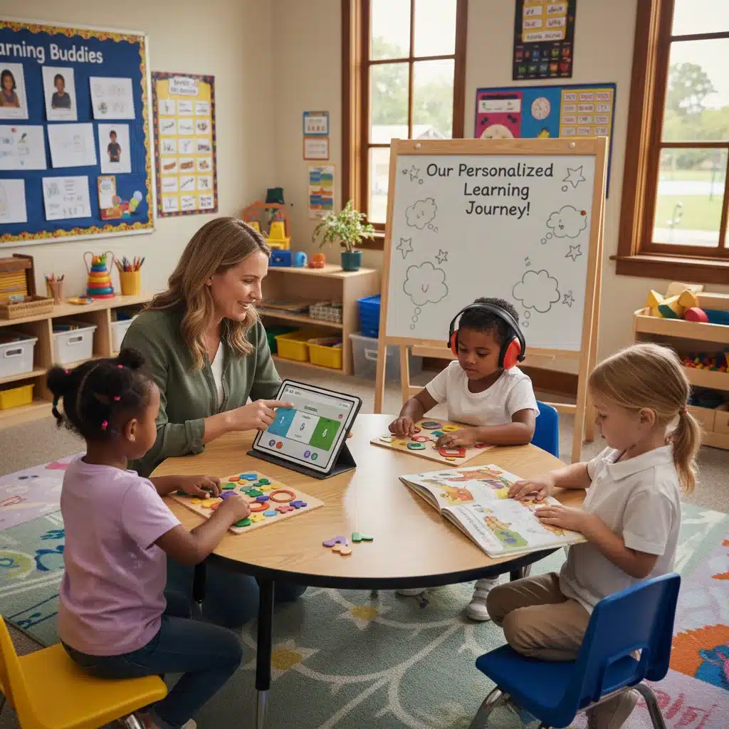 Elementary school teacher engaging students, supported by new education initiatives