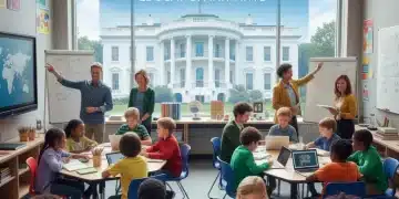 Students and teachers in a bright classroom benefiting from new education funding