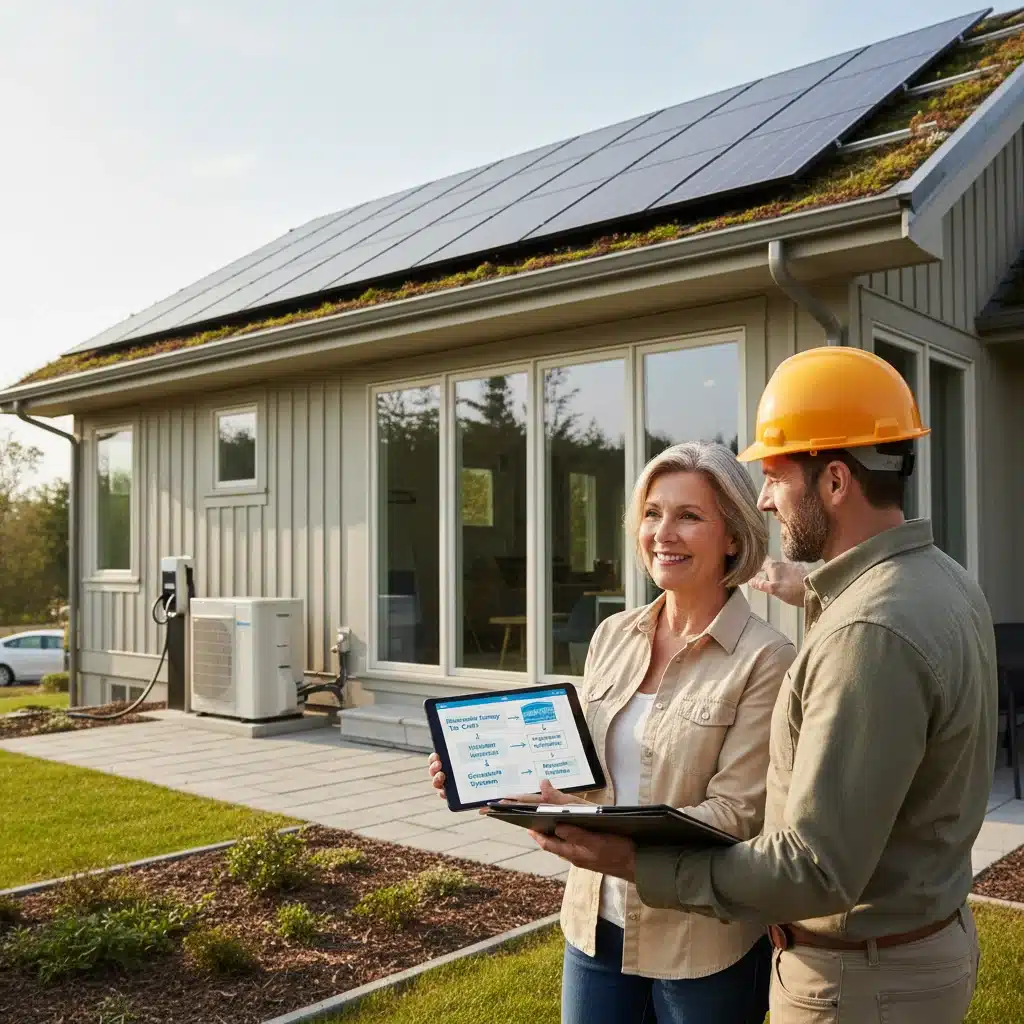 Homeowner and contractor discussing energy-efficient home improvements for tax benefits.