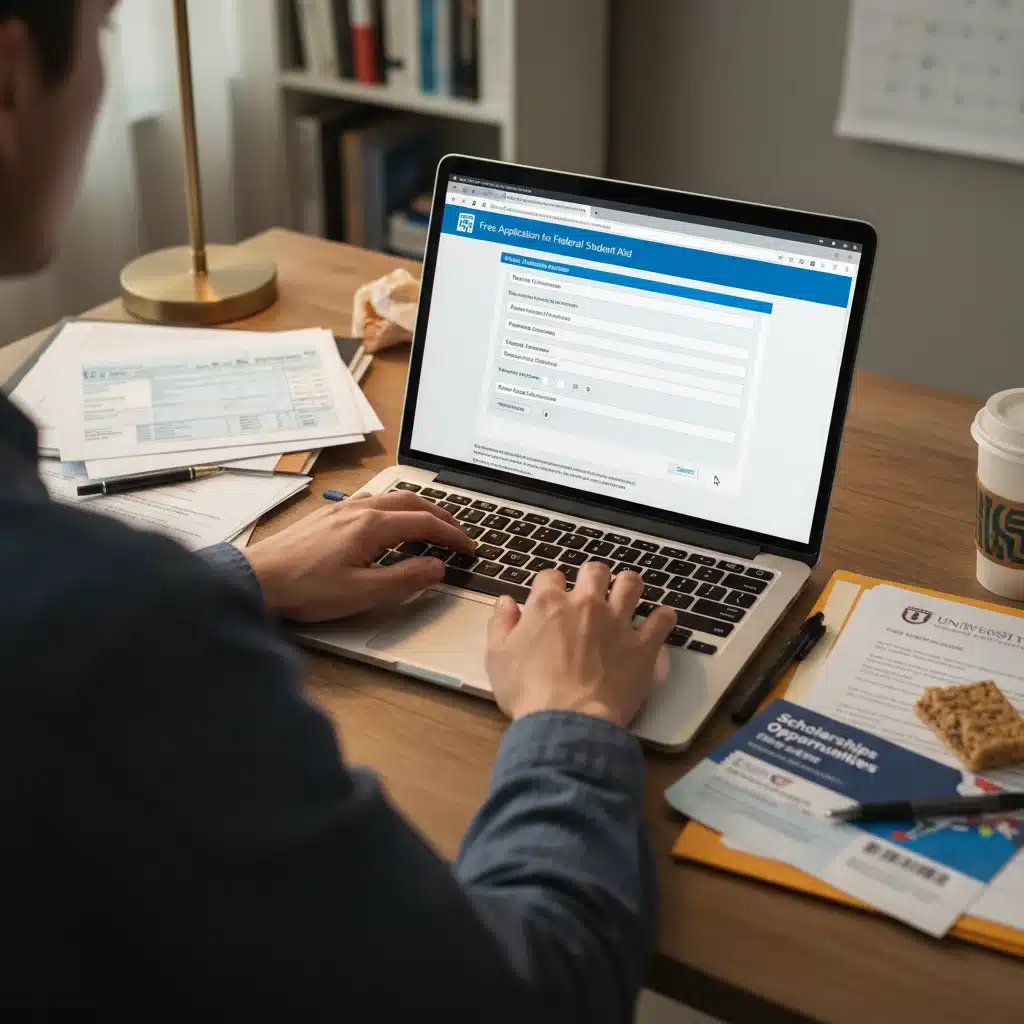 Hands completing FAFSA application on a laptop, surrounded by financial aid documents.