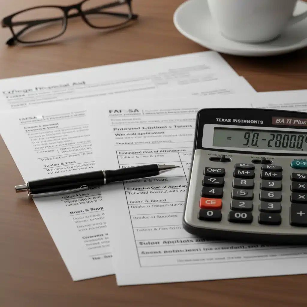 Calculator and financial documents for college tuition planning.