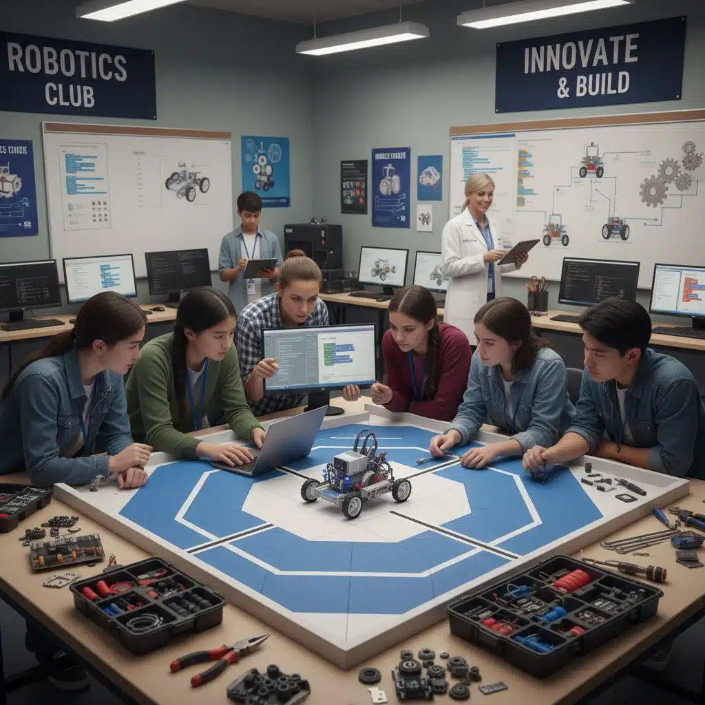 High school students programming a robot in a robotics club, demonstrating practical STEM learning.