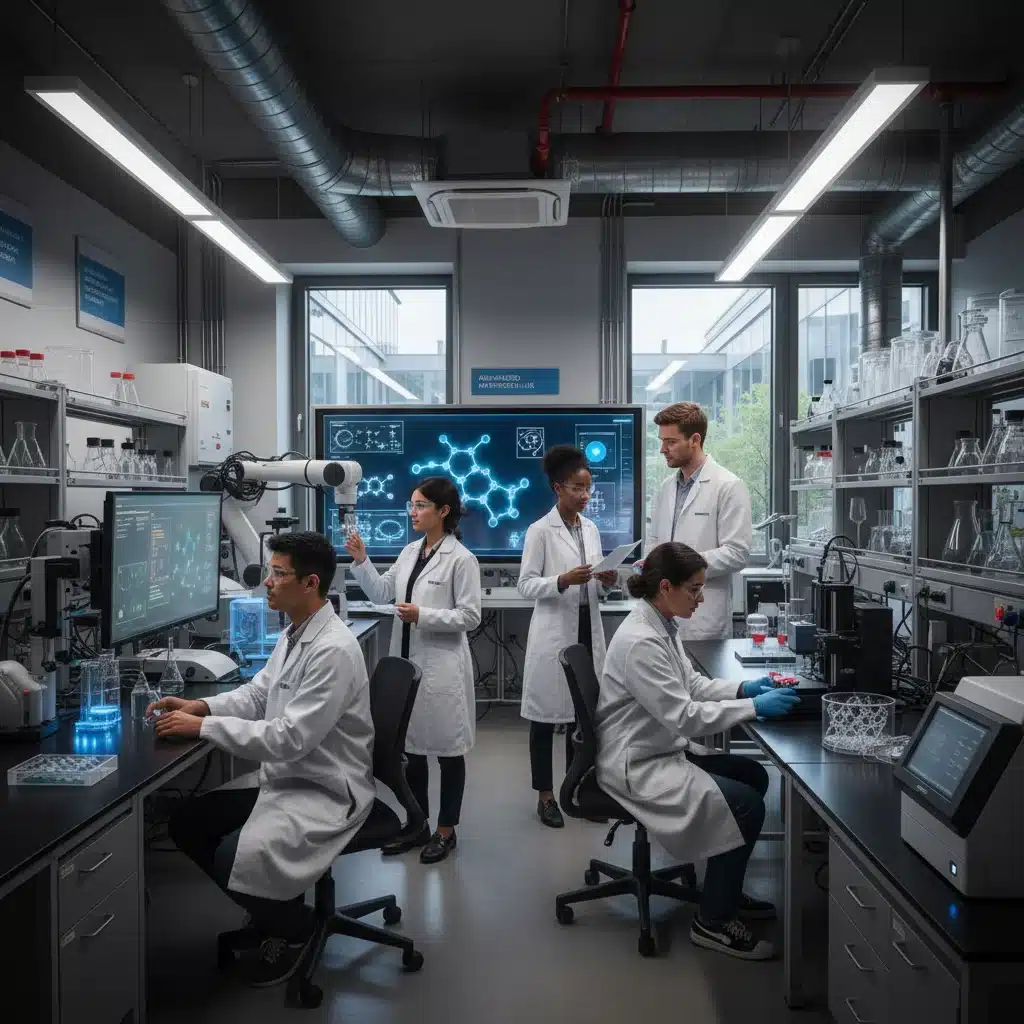 University students working in a modern lab, benefiting from higher education funding