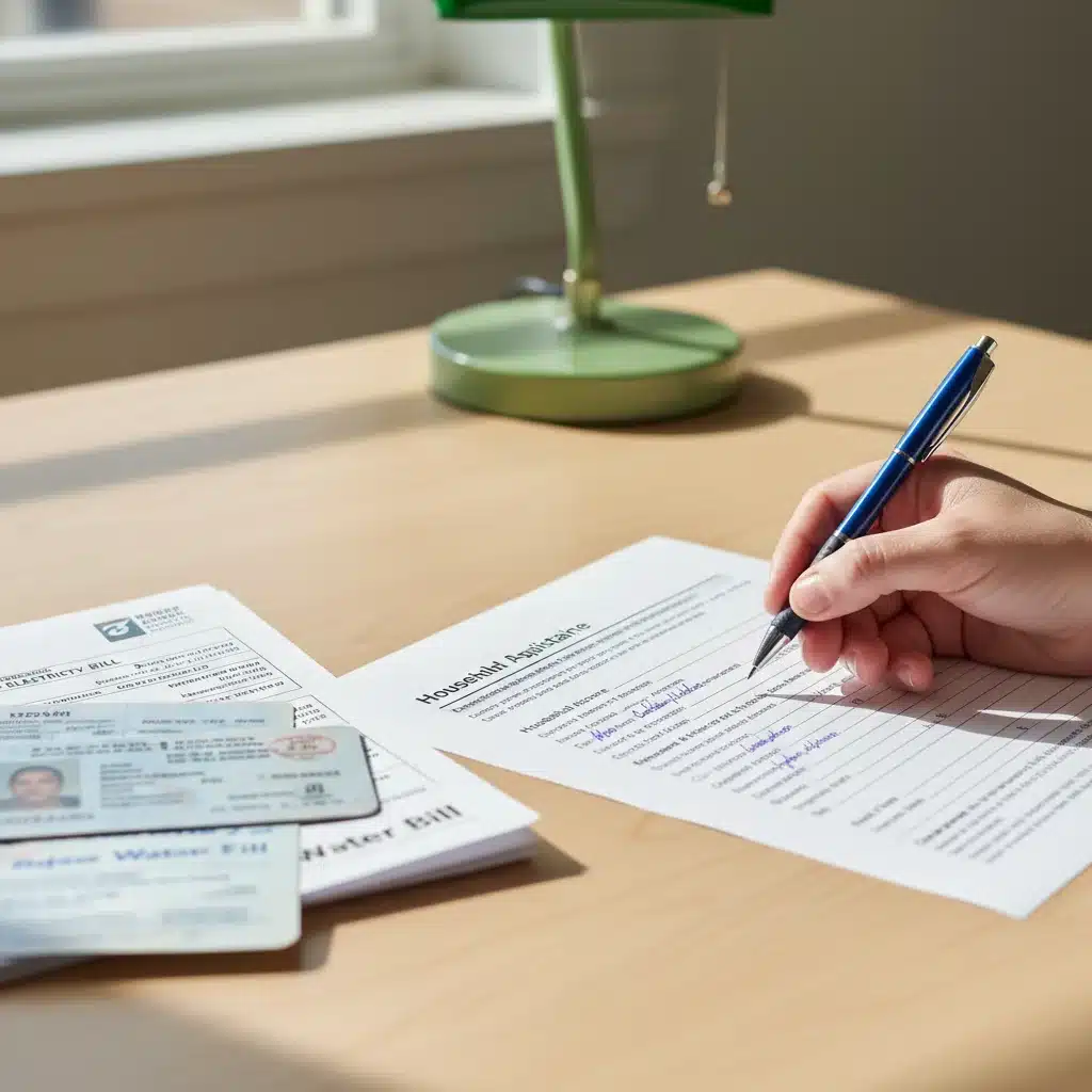 Hand filling out a LIHEAP application form with supporting documents