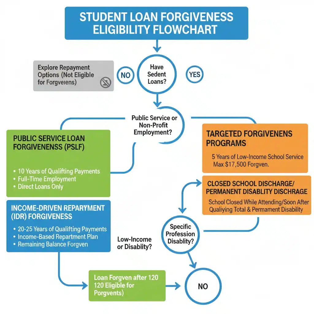 Flowchart detailing student loan forgiveness eligibility criteria