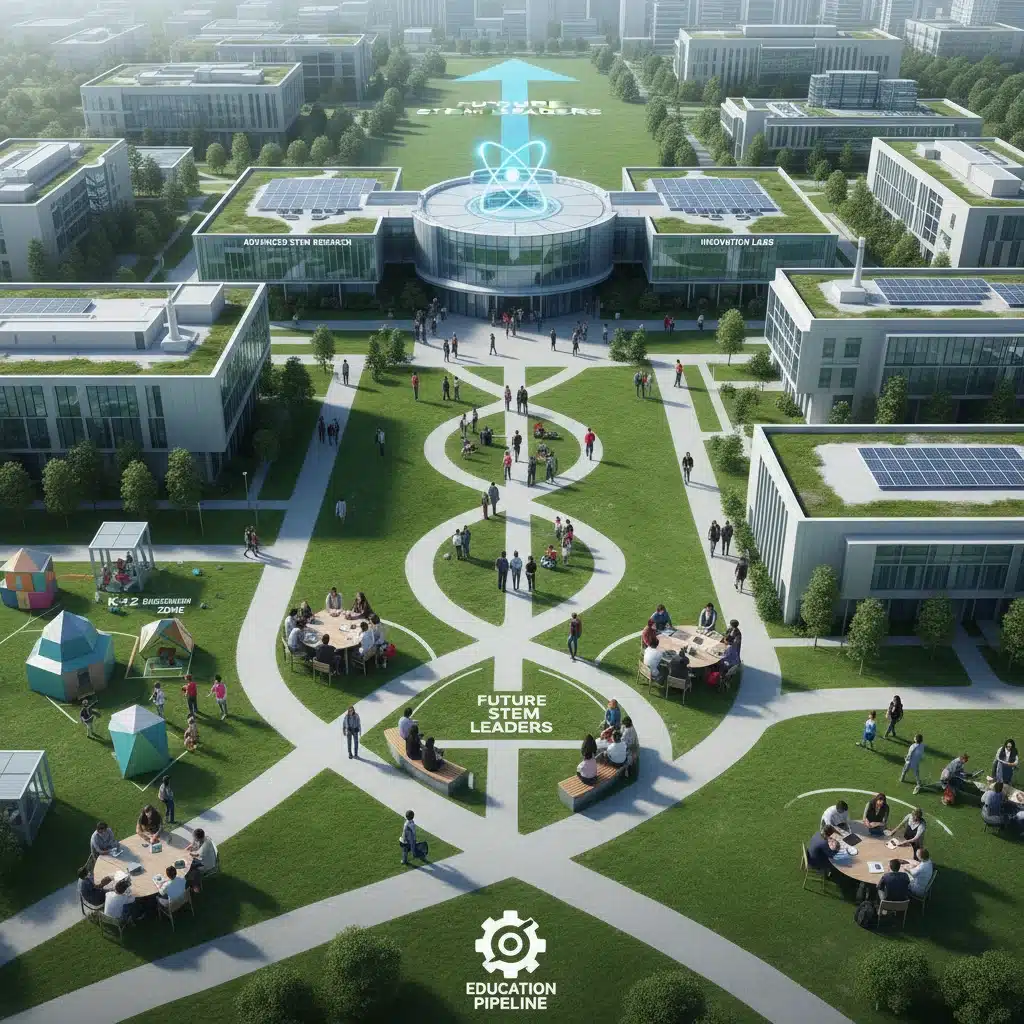Aerial view of a modern university campus, symbolizing advanced STEM education and research.