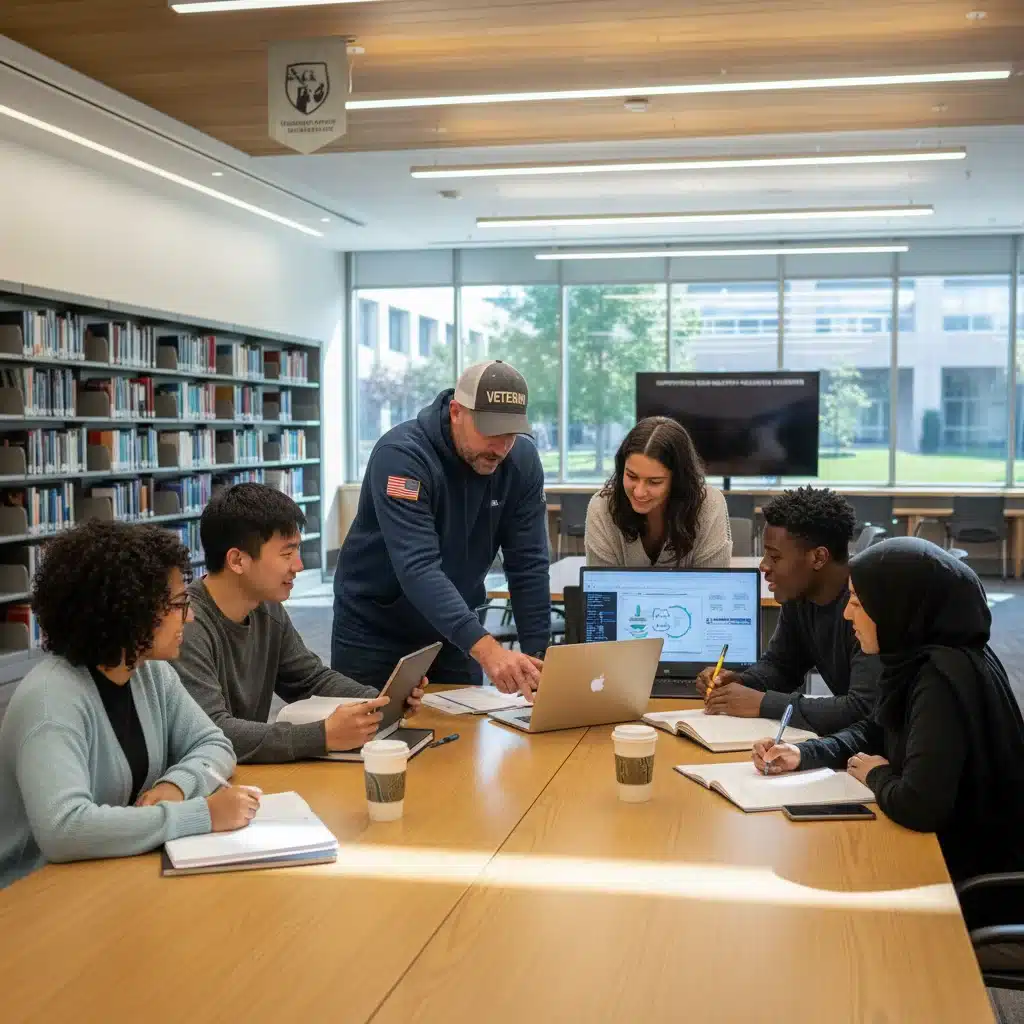 Diverse students, including a veteran, collaborating and studying in a university library.