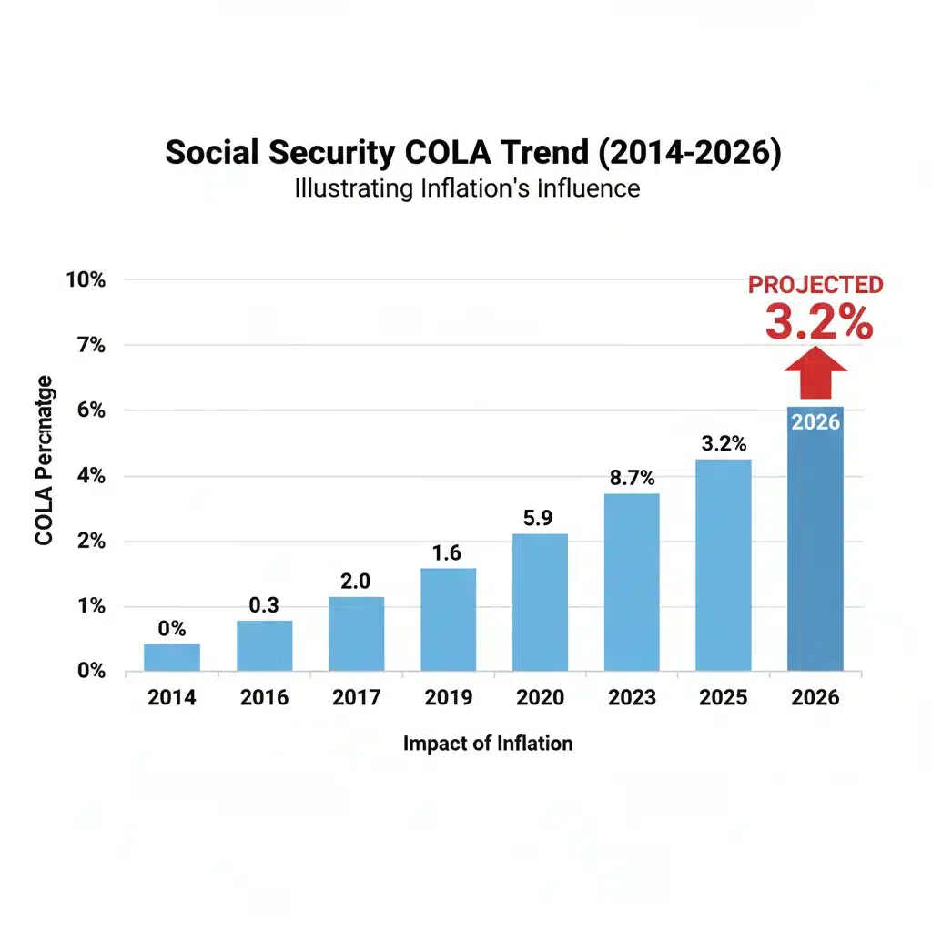 Historical Social Security COLA trend graph with 2026 projection