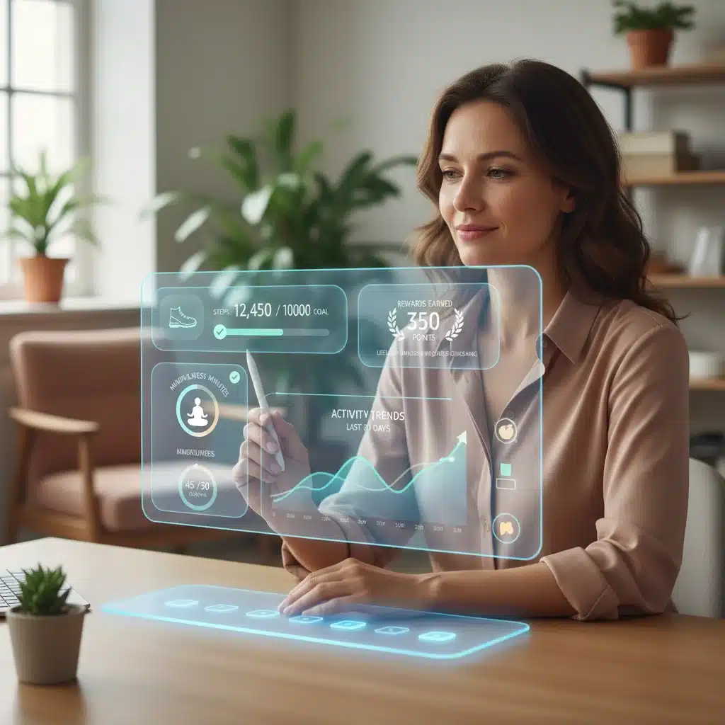 Person engaging with a digital wellness program dashboard, tracking health goals