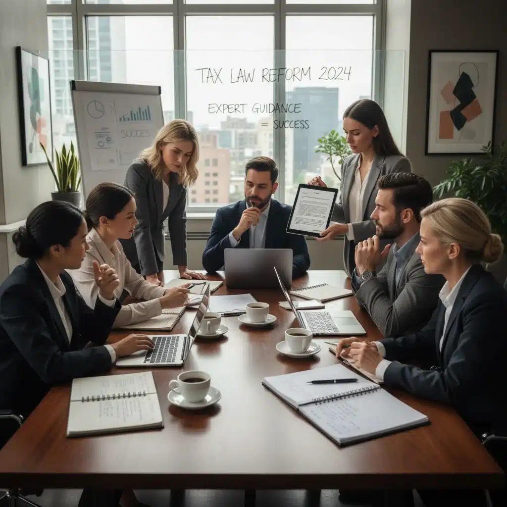 Diverse team collaborating on tax strategies in a modern office setting.