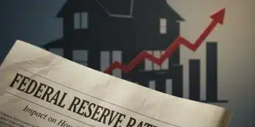 Federal Reserve building with financial charts showing rising interest rates and a house icon.