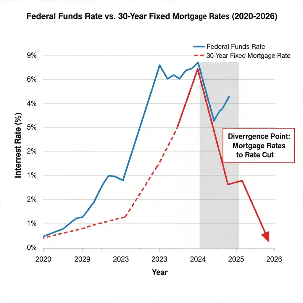 Graph comparing federal funds rate and 30-year fixed mortgage rates over time.