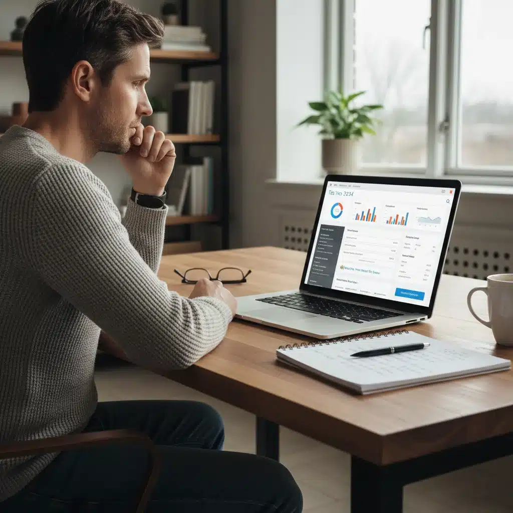 Individual engaged in financial planning, reviewing tax implications on a laptop.