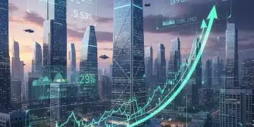 Futuristic cityscape with financial data symbolizing S&P 500 investment growth in 2026