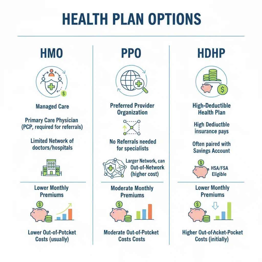 Infographic showing various types of health insurance plans: HMO, PPO, HDHP