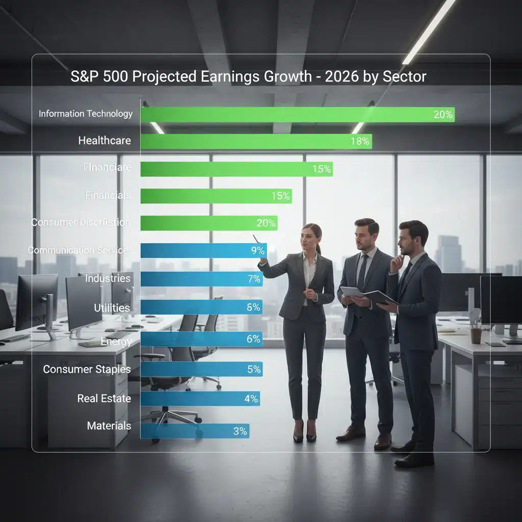 Bar chart illustrating projected S&P 500 earnings growth by sector for 2026