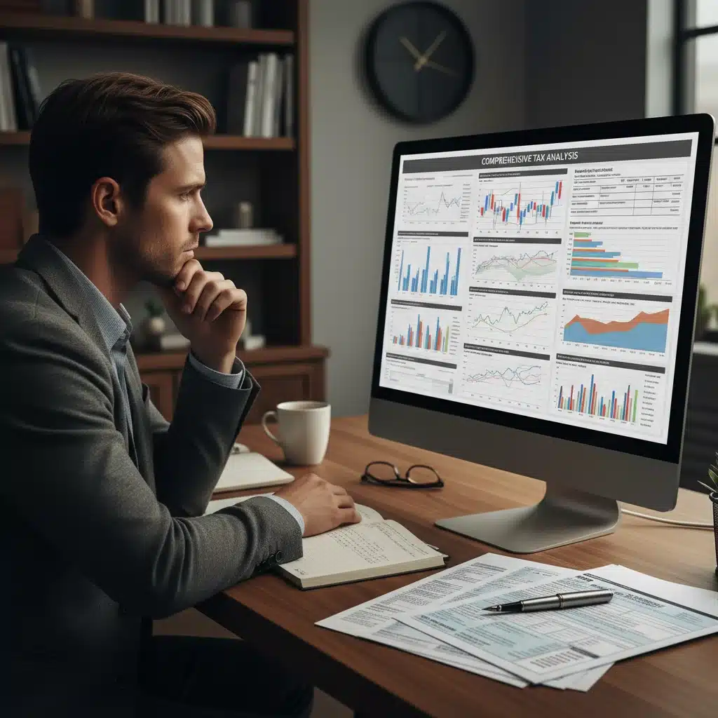 Individual analyzing financial charts and tax forms on a computer for strategic tax planning.