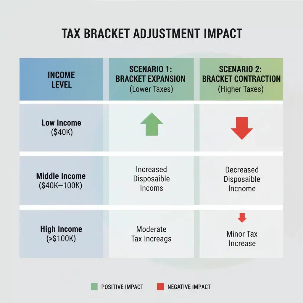 Infographic showing projected tax bracket changes and their financial impact on different income groups.