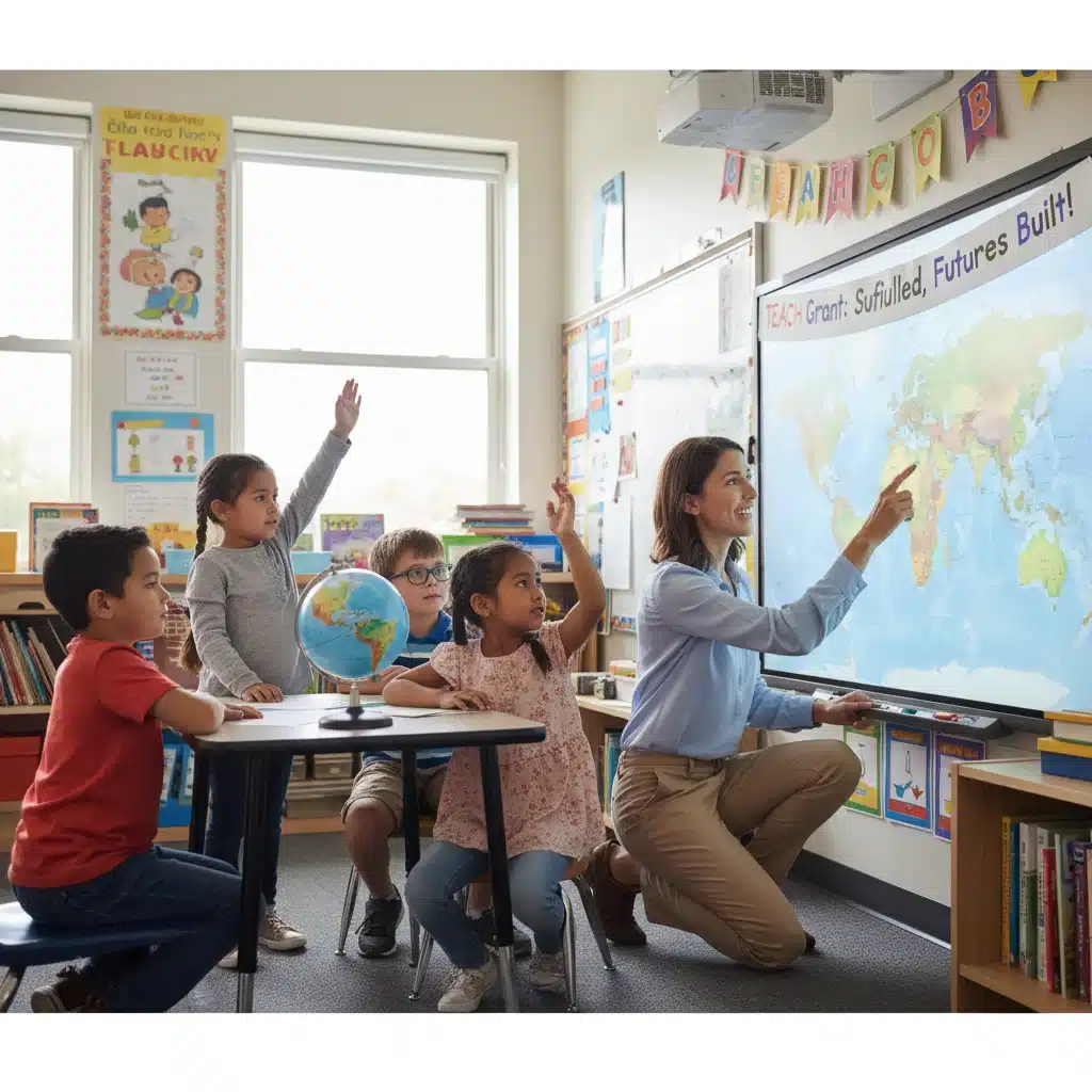 Happy teacher with elementary students in a classroom