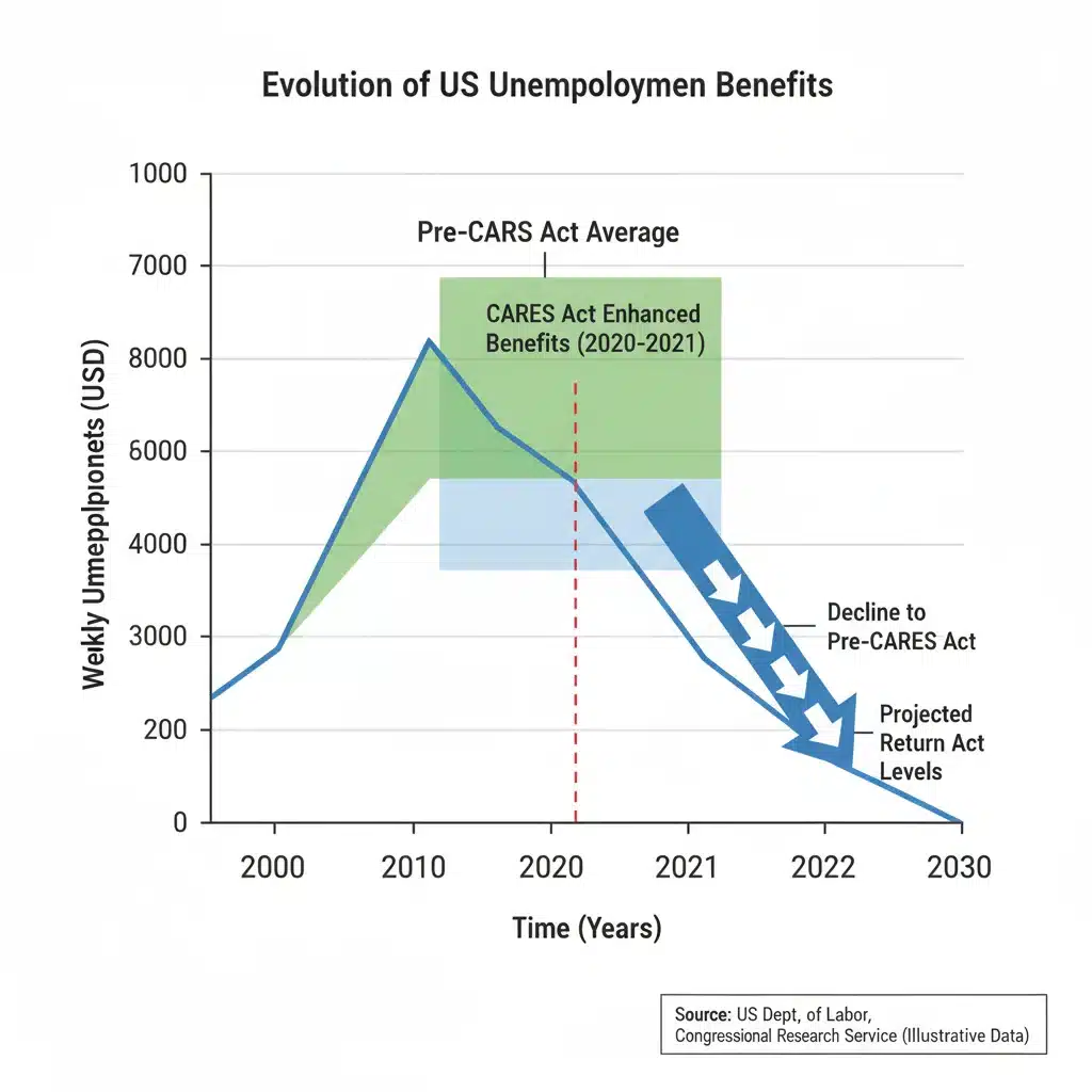 Graph illustrating the historical trend and projected changes in unemployment benefits with the CARES Act sunset.