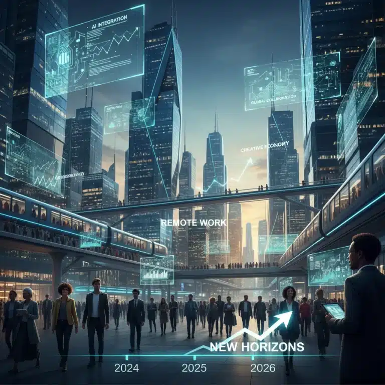 Futuristic cityscape with digital elements, representing the 2026 job market and career opportunities.