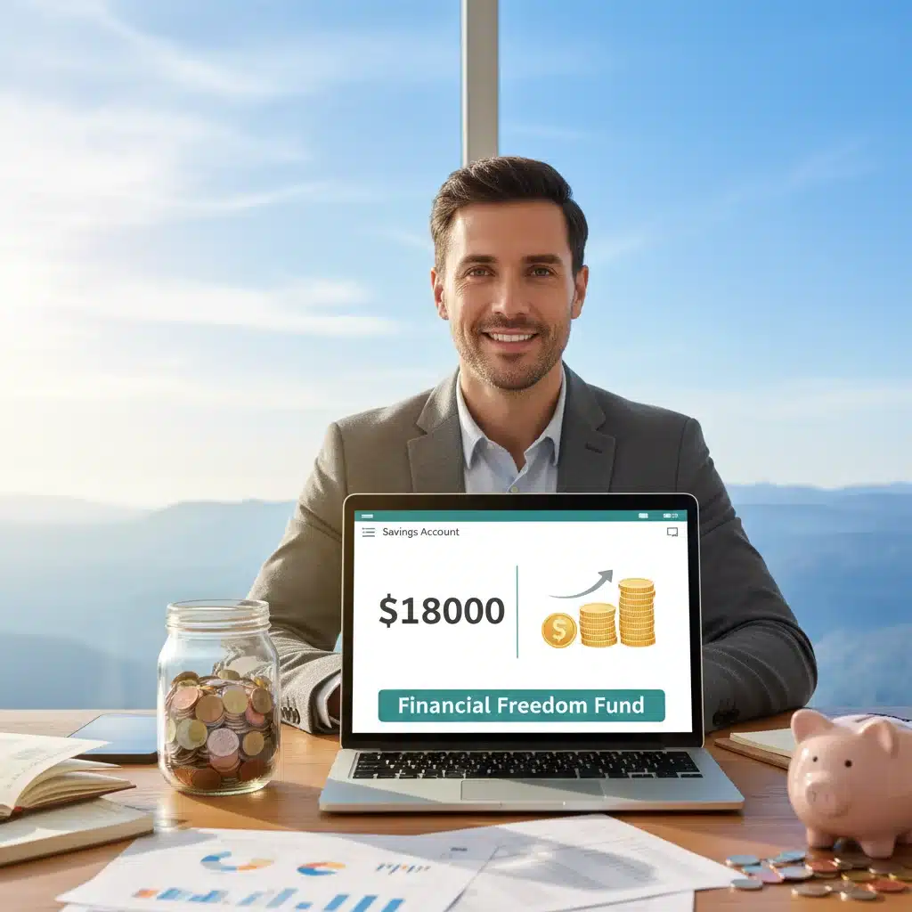 Person confidently viewing savings, symbolizing financial security