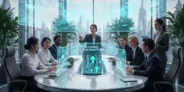 Professionals collaborating in an AI-powered office environment, symbolizing future job growth