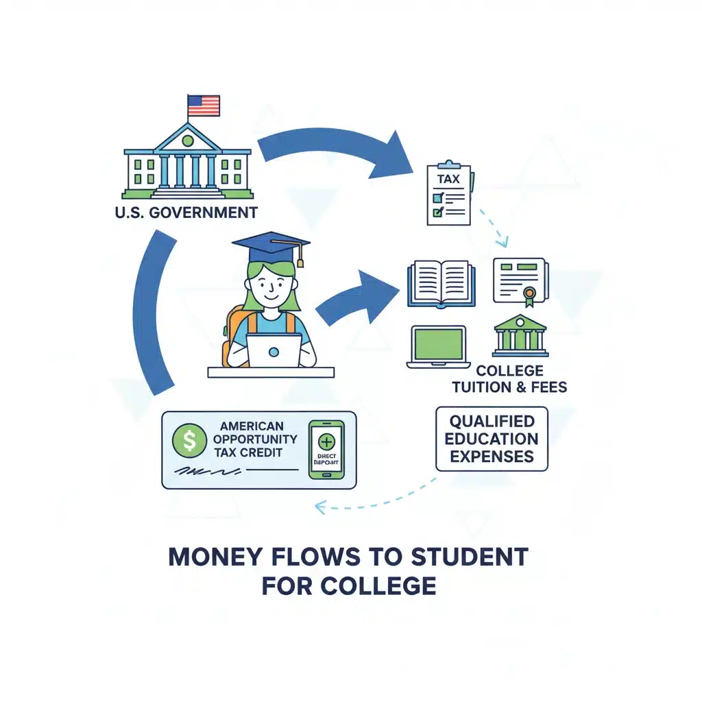 Visual representation of AOTC funds flowing to student for college expenses