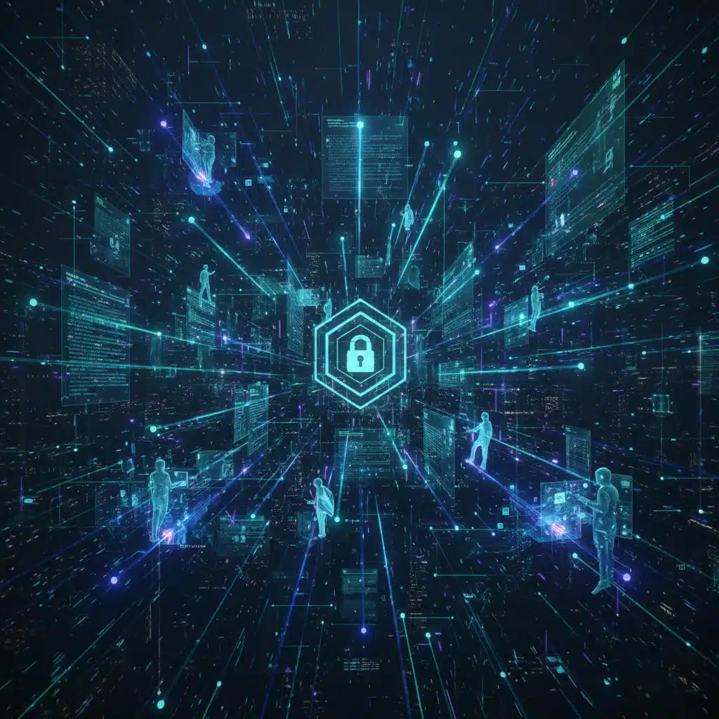Intricate blockchain network with data streams and digital ledgers, illustrating secure transactions.