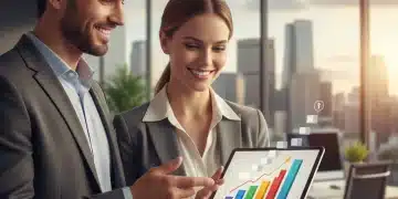 Professional man and woman confidently looking at growth charts on a tablet, symbolizing career and financial success.
