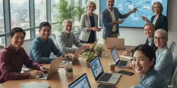 Experienced professionals collaborating in a modern office, symbolizing career longevity and adaptation.