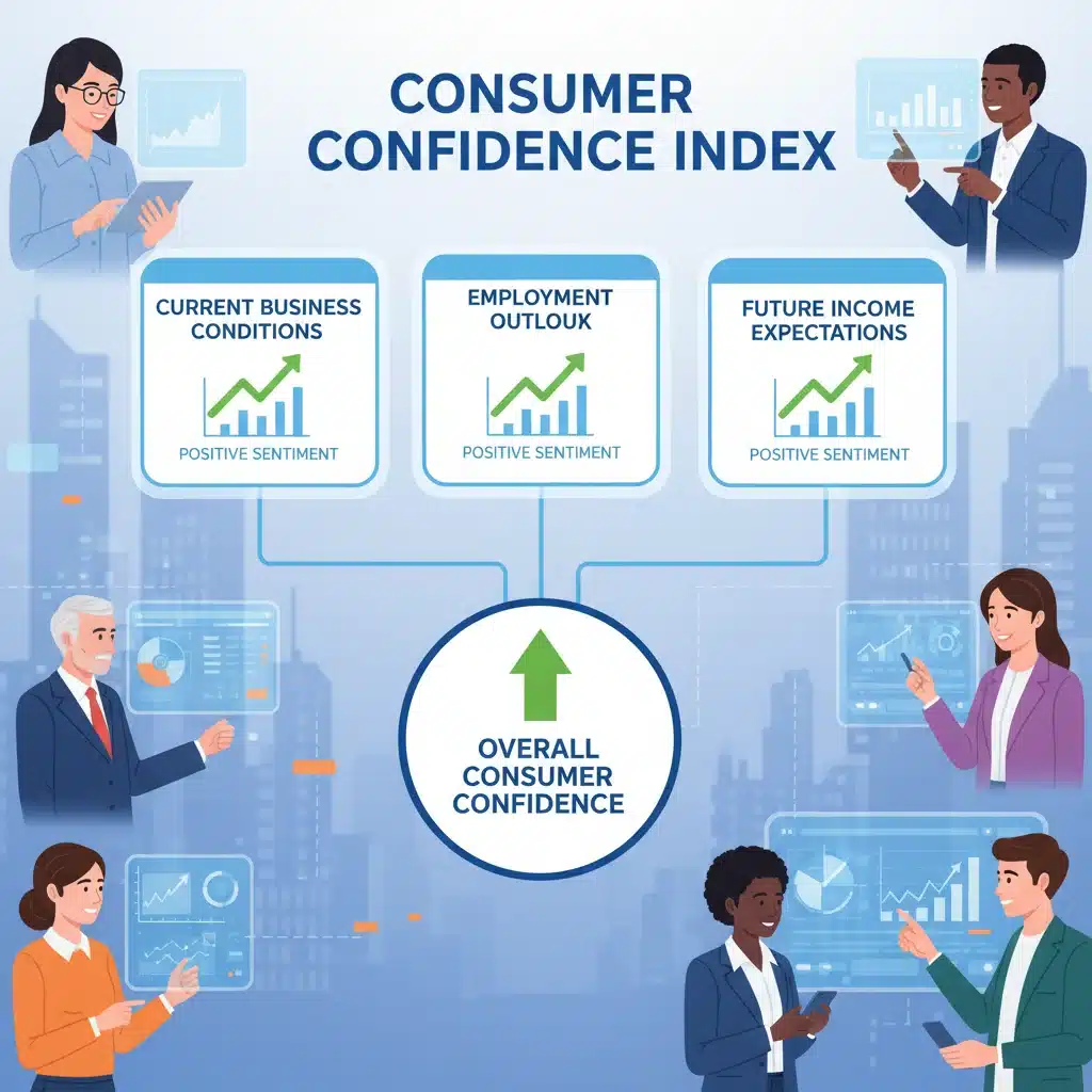Infographic detailing components of a strong consumer confidence index with positive indicators.