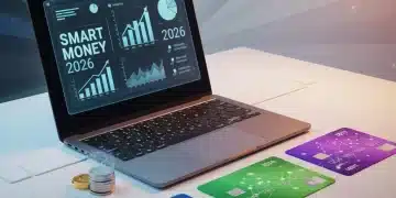 Digital illustration of checking and savings bank cards with financial dashboard on a laptop, representing modern money management.