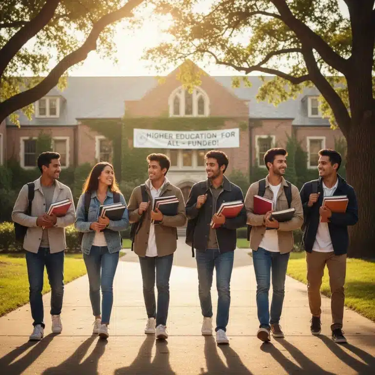 Diverse students walking on a college campus, symbolizing educational achievement.