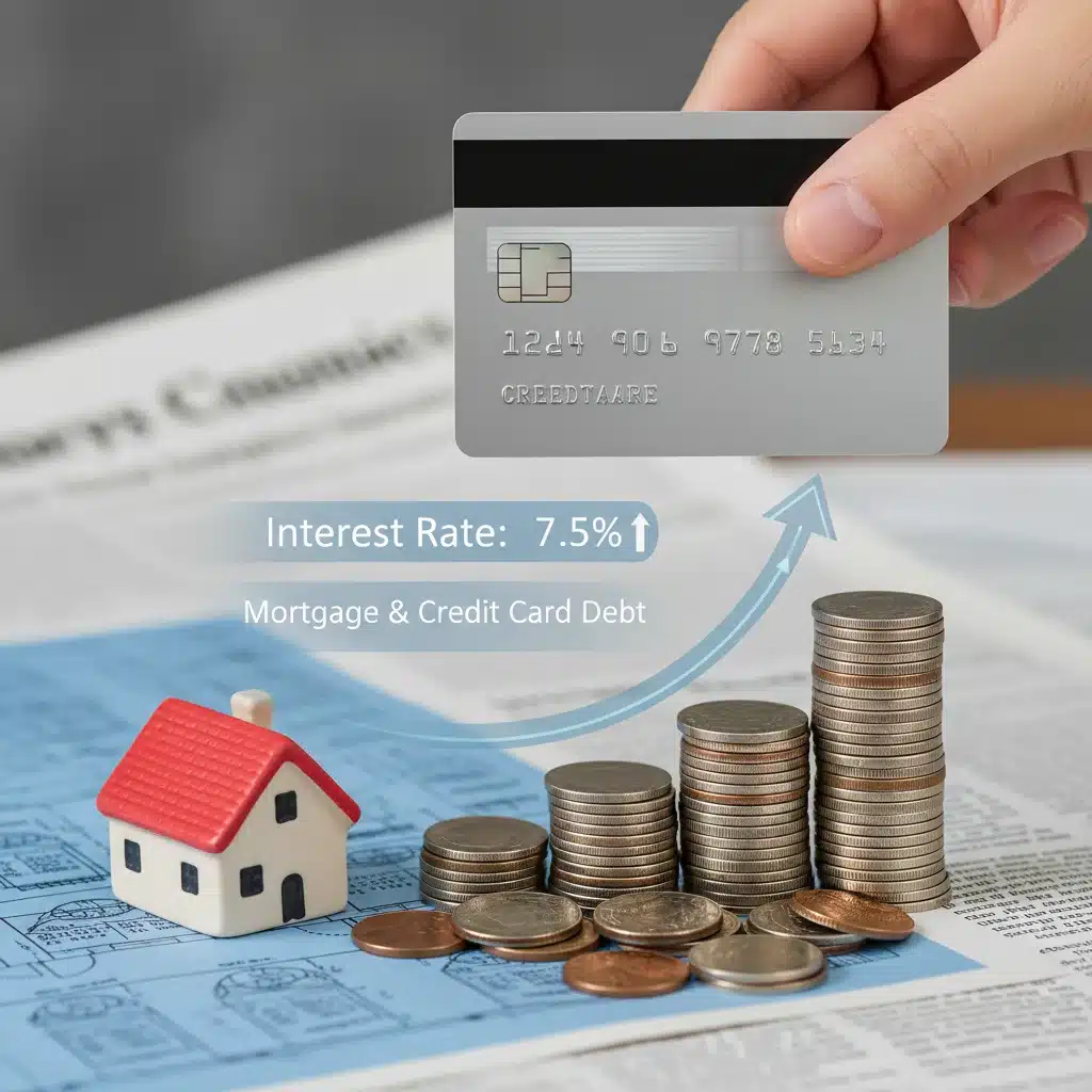 Credit card and house figurine symbolizing consumer debt and mortgage rates.