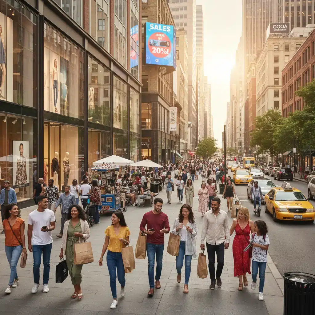 Busy city street with happy shoppers, reflecting high consumer spending and economic prosperity.