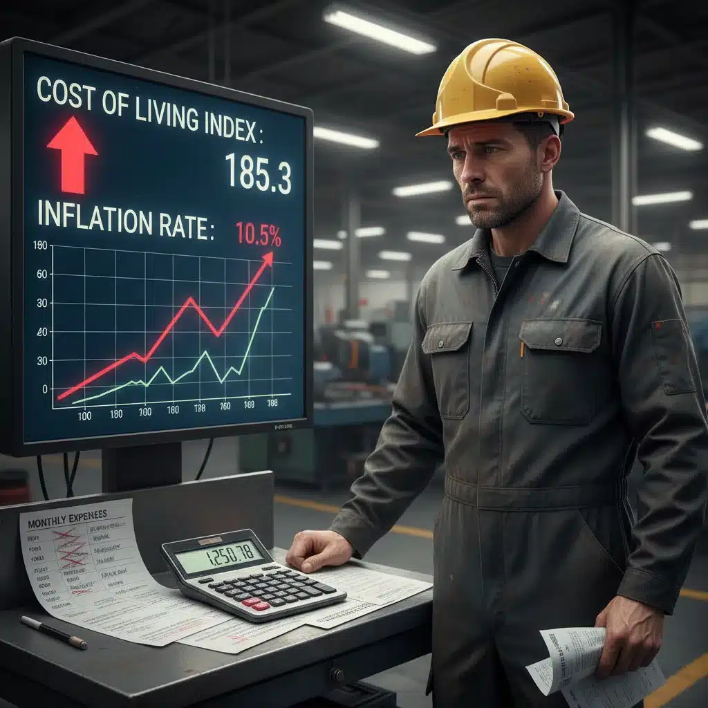 Concerned worker examining rising cost of living data.