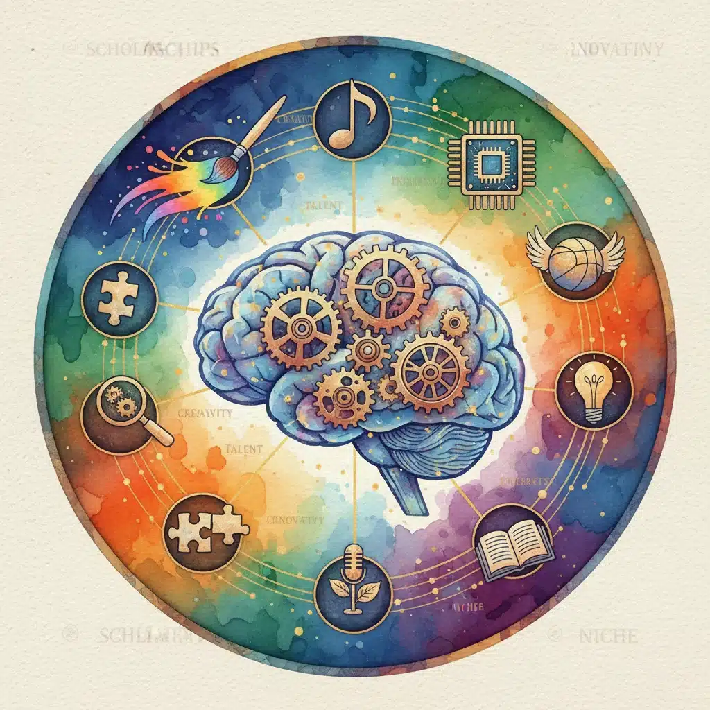 Creative mind with diverse talent icons representing niche scholarships