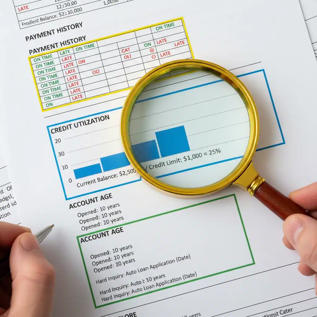 Detailed close-up of a credit report with sections highlighted for review.