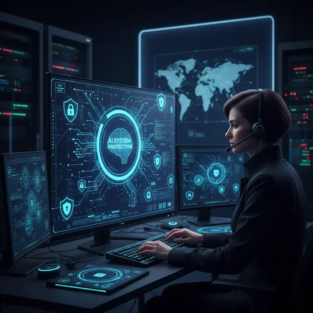 Cybersecurity analyst protecting digital infrastructure from threats in an AI context
